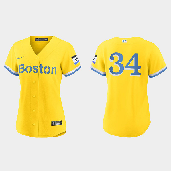 Women's Boston Red Sox #34 David Ortiz Gold Light Blue 2021 MLB City Connect Replica Jersey