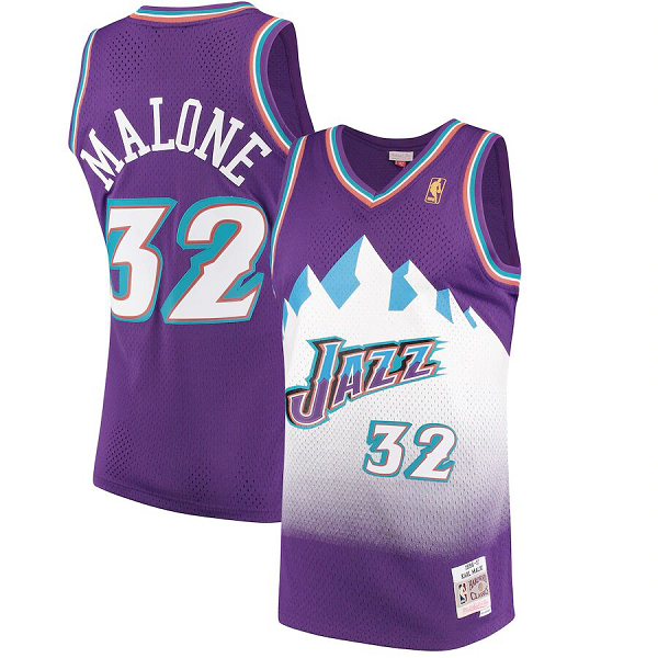 Men's Utah Jazz #32 Karl Malone Mitchell And Ness White 1996-97 Hardwood Classics Purple Swingman NBA Jersey