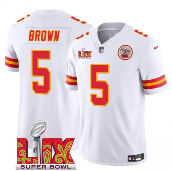 Men's Kansas City Chiefs #5 Hollywood Brown White Super Bowl LIX F.U.S.E. Vapor Limited Stitched Jersey