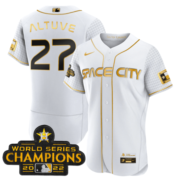 Men's Houston Astros #27 Jose Altuve 2023 Space City Champions Flex Base White Gold Jersey