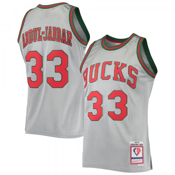 Men's Milwaukee Bucks Kareem Abdul-Jabbar Silver Mitchell & Ness 75th Anniversary 1971/72 Hardwood Classics Swingman Jersey