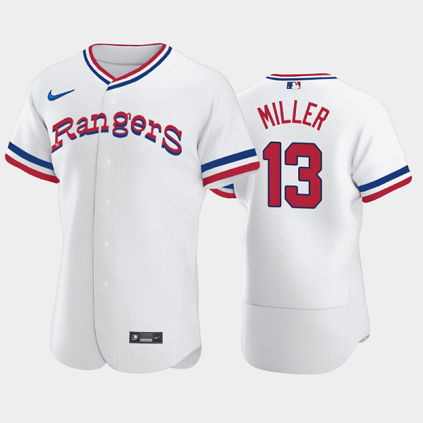 Men's #13 Brad Miller 1972 Throwback Taxas Rangers Home White MLB Flex Base Jersey