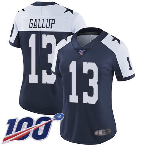 Women's Dallas Cowboys #13 Michael Gallup Navy Blue ThanksgivingStitched NFL 100th Season Vapor Throwback Limited Jersey