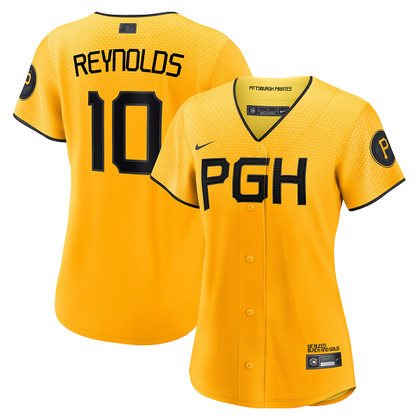 Women's Pittsburgh Pirates #10 Bryan Reynolds Nike Gold 2023 City Connect Cool Base Player Jersey