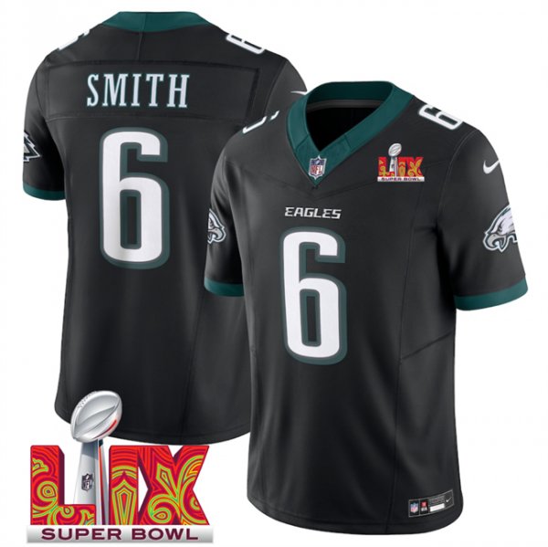 Men's Philadelphia Eagles #6 DeVonta Smith Black Super Bowl LIX F.U.S.E. Vapor Limited Stitched Jersey