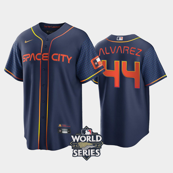 Men's 2022 City Connect Houston Astros #44 Yordan alvarez Cool Base Navy MLB Jersey with 2022 World Series Patch