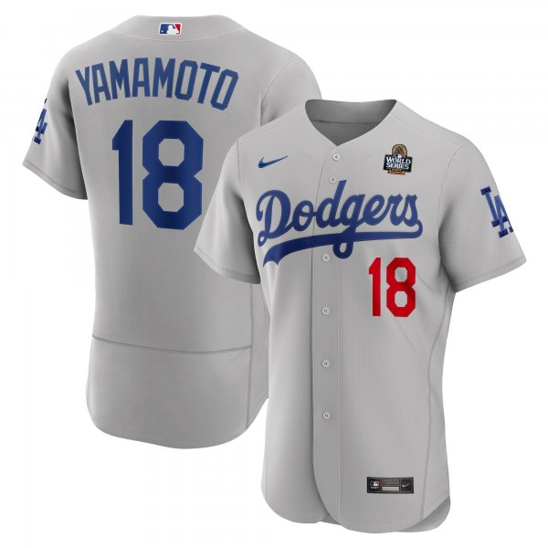 Men's #18 Los Angeles Dodgers Yoshinobu Yamamoto Nike Gray 2024 World Series Alternate Player Jersey