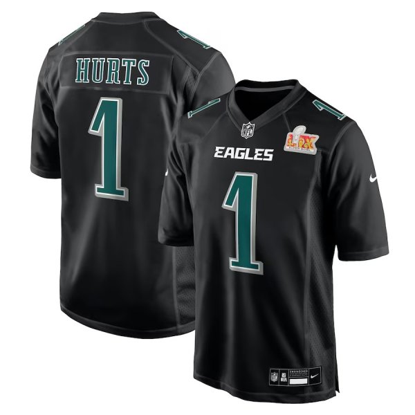 Youth Philadelphia Eagles #1 Jalen Hurts Nike Carbon Black Super Bowl LIX Fashion Game Stitched Jersey