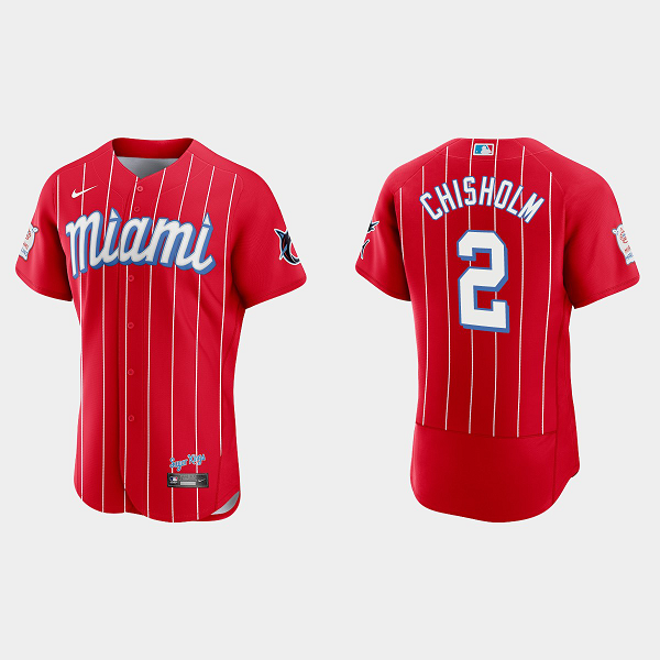 Men's Miami Marlins #2 Jazz Chisholm Red 2021 MLB City Connect Flex base Jersey