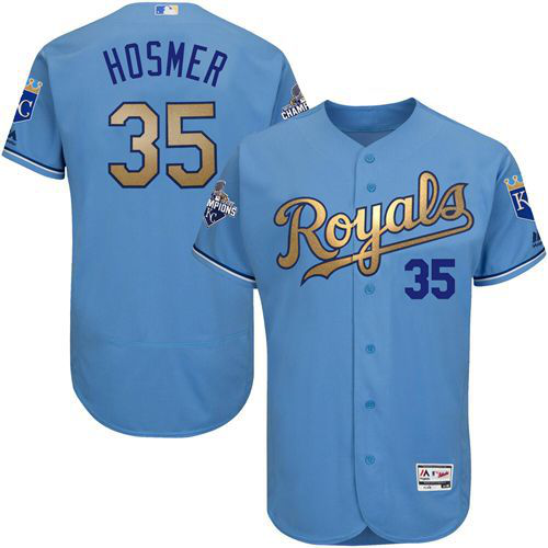 Kansas City Royals #35 Eric Hosmer Light Blue FlexBase 2015 World Series Champions Gold Program Stitched MLB Jersey