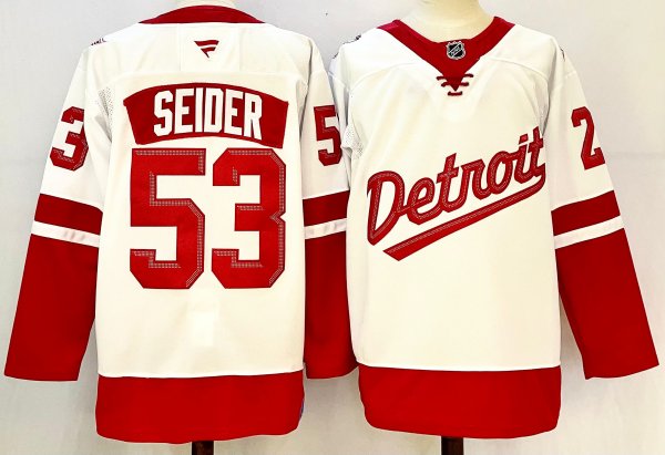 Men's #53 Moritz Seider White Detroit Red Wings 2025 Stadium Series Premium Player Jersey