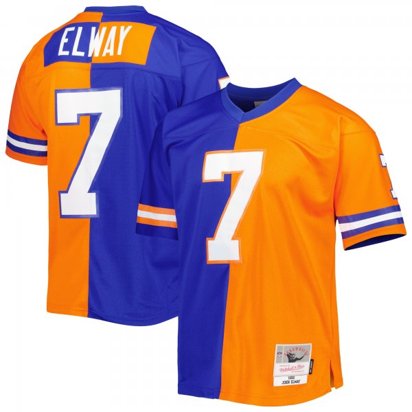 Men's Denver Broncos John Elway Mitchell & Ness Royal/Orange 1990 Split Legacy Replica Jersey