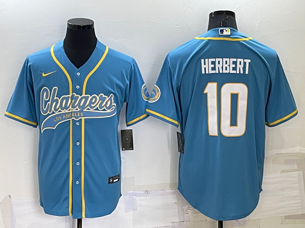 Men's Los Angeles Chargers #10 Justin Herbert Light Blue Stitched Baseball Cool Base Jersey