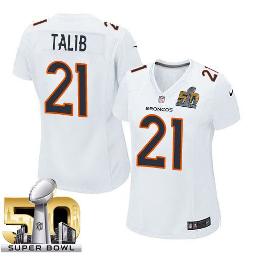 Nike Denver Broncos #21 Aqib Talib White Super Bowl 50 Women's Stitched NFL Game Event Jersey