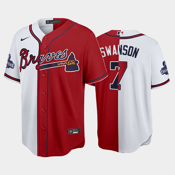 Men's Atlanta Braves Split Dansby Swanson Red White 2021 World Series Champions MLB Jersey