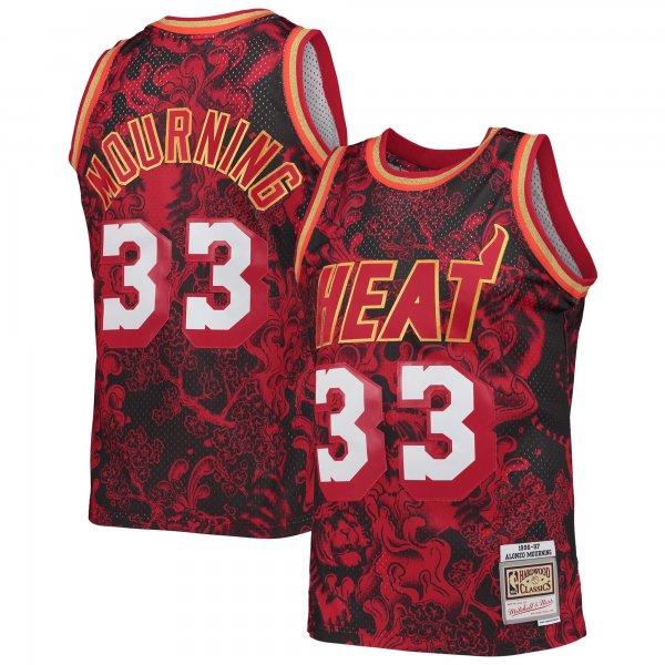 Men's Miami Heat Alonzo Mourning Mitchell & Ness Red Hardwood Classics 1996/97 Lunar New Year Swingman Jersey