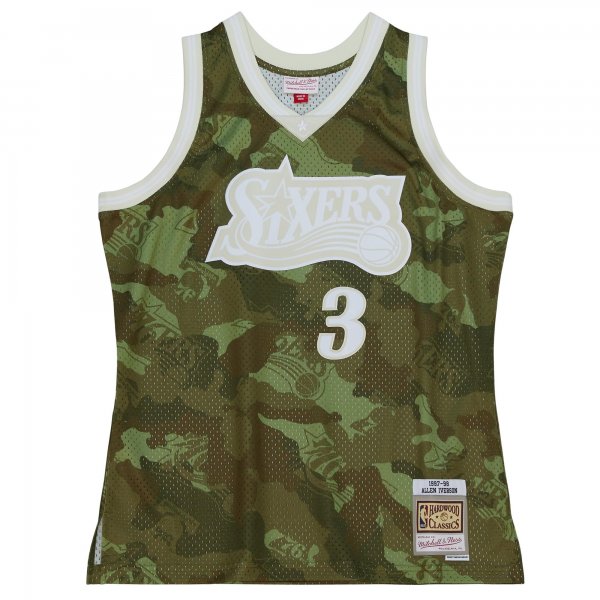 Men's Philadelphia 76ers Allen Iverson Mitchell & Ness Camo Hardwood Classics 1997/98 Ghost Green Swingman Jersey