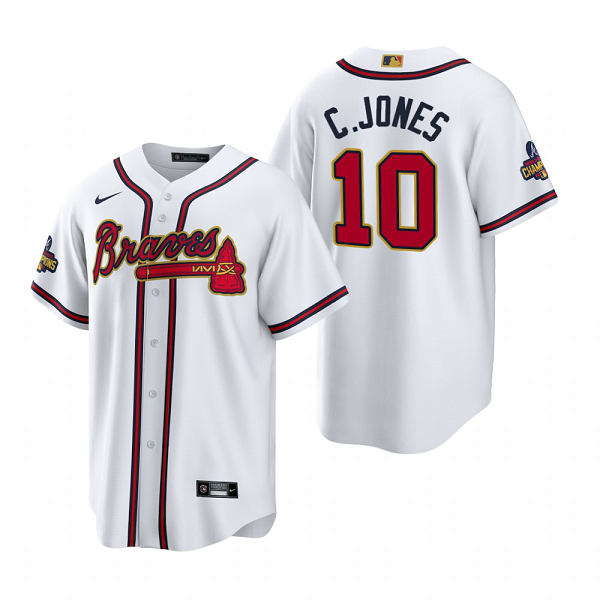 Men's #10 Chipper Jones Atlanta Braves White 2022 Gold Program MLB Jersey