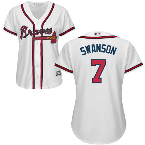 Atlanta Braves #7 Dansby Swanson White Home Womens Stitched MLB Jersey