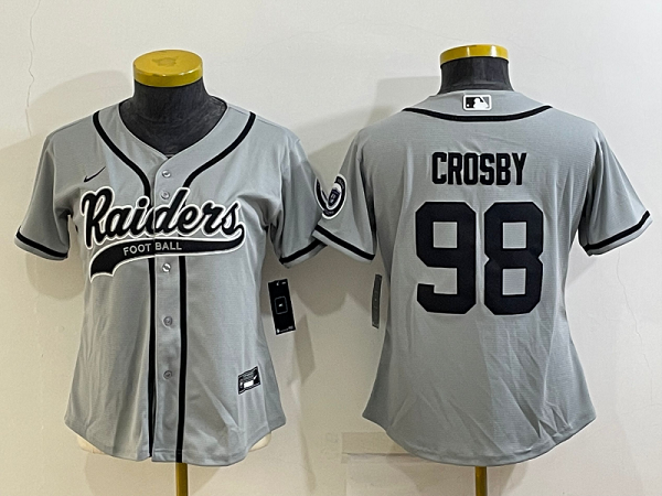 Women's Las Vegas Raiders #98 Maxx Crosby Grey Stitched Baseball Cool Base Jersey