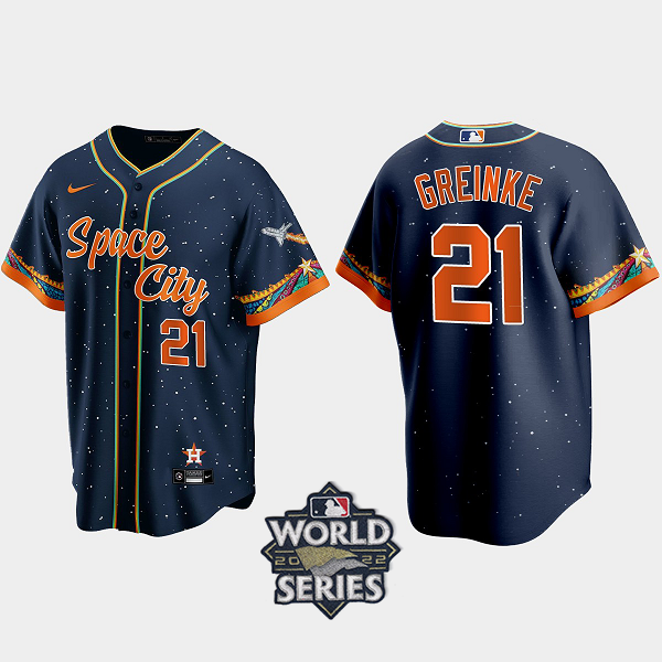 Houston Astros Zack Greinke 2021 City Connect Replica Men's MLB Jersey with 2022 World Series Patch - Navy