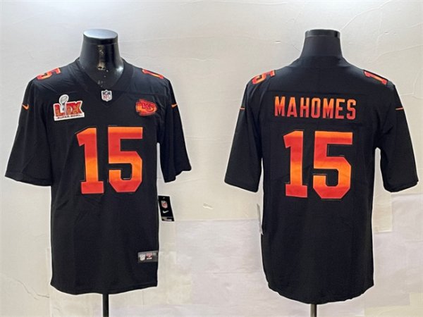 Youth Kansas City Chiefs #15 Patrick Mahomes Black Super Bowl LIX Fashion Vapor Limited Stitched Jersey