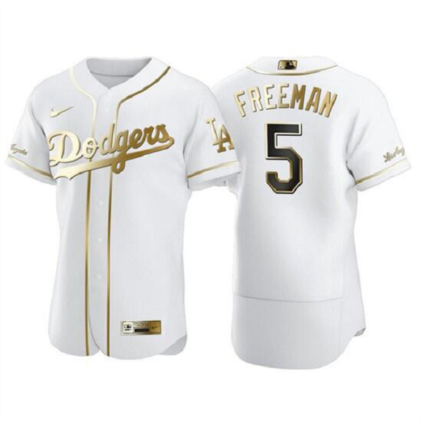 Men's Dodgers #5 Freddie Freeman White Gold Nike Flexbase Men Jersey