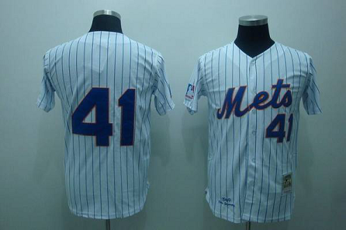 Mitchell And Ness New York Mets #41 Tom Seaver Stitched White Blue Strip Throwback MLB Jersey