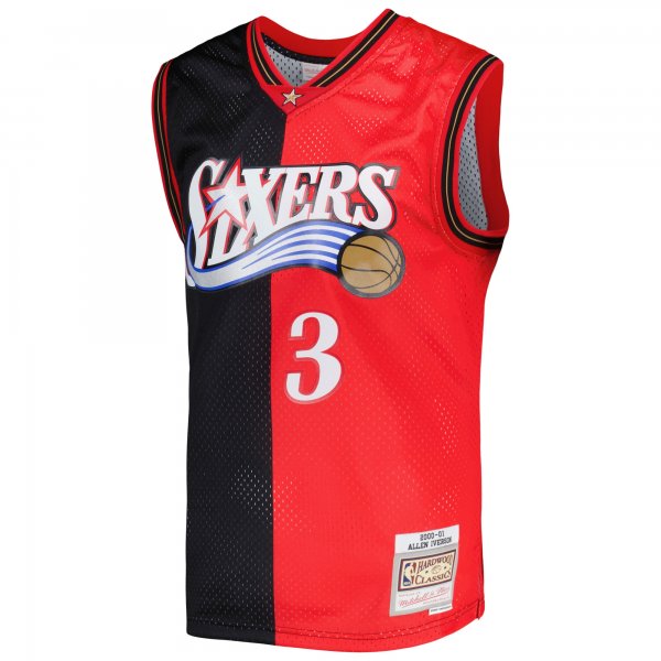 Men's Philadelphia 76ers Allen Iverson Mitchell & Ness Black/Red Hardwood Classics 2000/01 Split Swingman Jersey