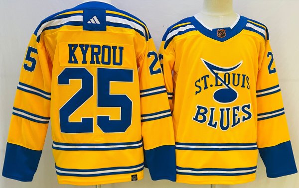 Men's St. Louis Blues #25 Jordan Kyrou Yellow Reverse Retro 2.0 Stitched Jersey