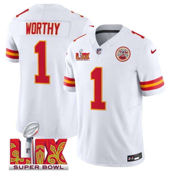 Men's Kansas City Chiefs #1 Xavier Worthy White Super Bowl LIX F.U.S.E. Vapor Limited Stitched Jersey