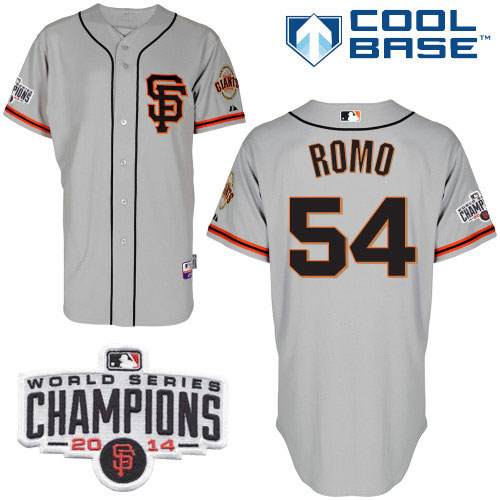 San Francisco Giants #54 Sergio Romo Grey Road 2 Cool Base W/2014 World Series Champions Patch Stitched MLB Jersey