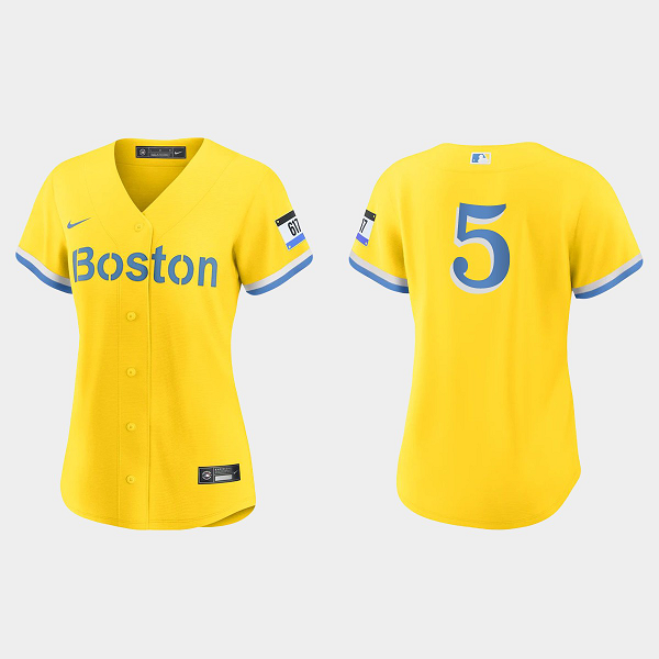 Women's Boston Red Sox #5 Enrique Hernandez Gold Light Blue 2021 MLB City Connect Replica Jersey