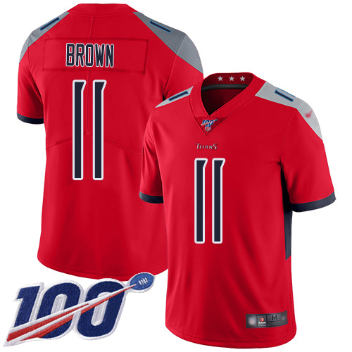 Men's Tennessee Titans #11 A.J. Brown Red Stitched NFL Limited Inverted Legend 100th Season Jersey