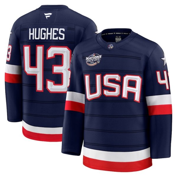 Men's #43 Quinn Hughes Team USA 4 Nations Premium Navy Jersey 2025