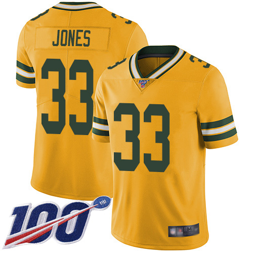 Green Bay Packers #33 Aaron Jones Yellow Men's Stitched NFL Limited Rush 100th Season Jersey