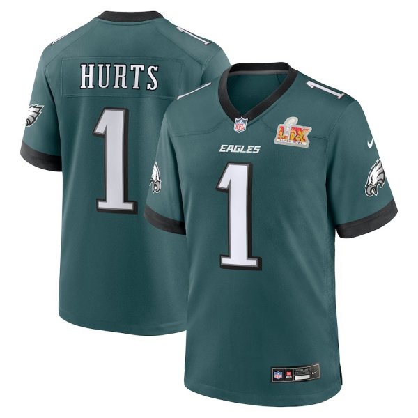 Youth Philadelphia Eagles #1 Jalen Hurts Nike Midnight Green Super Bowl LIX Game Stitched Jersey