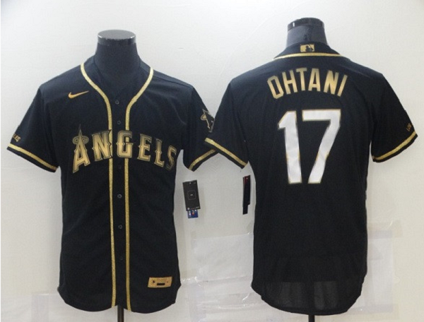 Men's Los Angeles Angels #17 Shohei Ohtani 2021 Black Golden Edition Flex Base Stitched Baseball Jersey