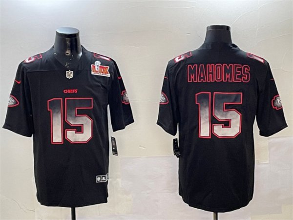 Men's Kansas City Chiefs #15 Patrick Mahomes Black Super Bowl LIX Smoke Fashion Vapor Limited Stitched Jersey