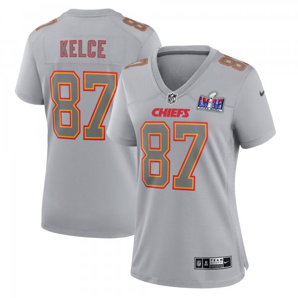 Women's #87 Travis Kelce Kansas City Chiefs Nike Super Bowl LVIII Atmosphere Fashion Limited Jersey  Gray