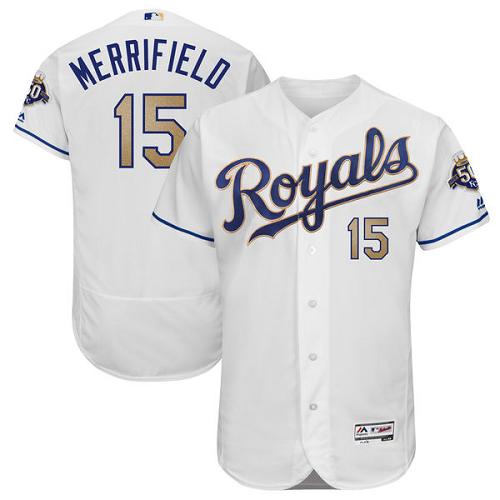 Men's Kansas City Royals #15 Whit Merrifield Majestic White 50th Season Patch Alternate On-Field Flex Base Player MLB Jersey