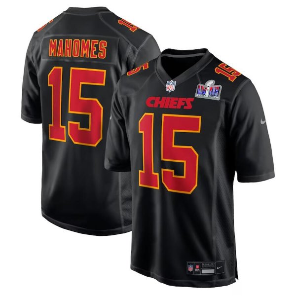 Men's Kansas City Chiefs #15 Patrick Mahomes Nike Black Super Bowl LVIII Carbon Fashion Limited Player Jersey