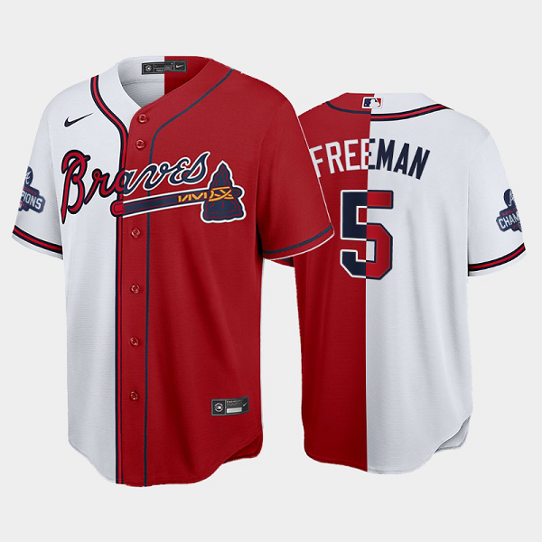 Men's Atlanta Braves Split Freddie Freeman Red White 2021 World Series Champions MLB Jersey