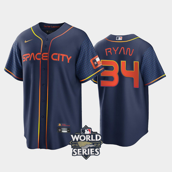 Men's 2022 City Connect Houston Astros #34 Nolan Ryan Cool Base Navy MLB Jersey with 2022 World Series Patch