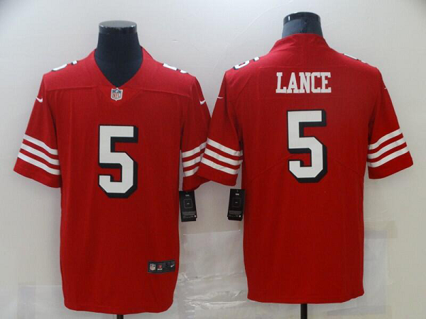 Men's Nike San Francisco 49ers #5 Trey Lance Red Team Color Stitched NFL Vapor Untouchable Limited II Jersey