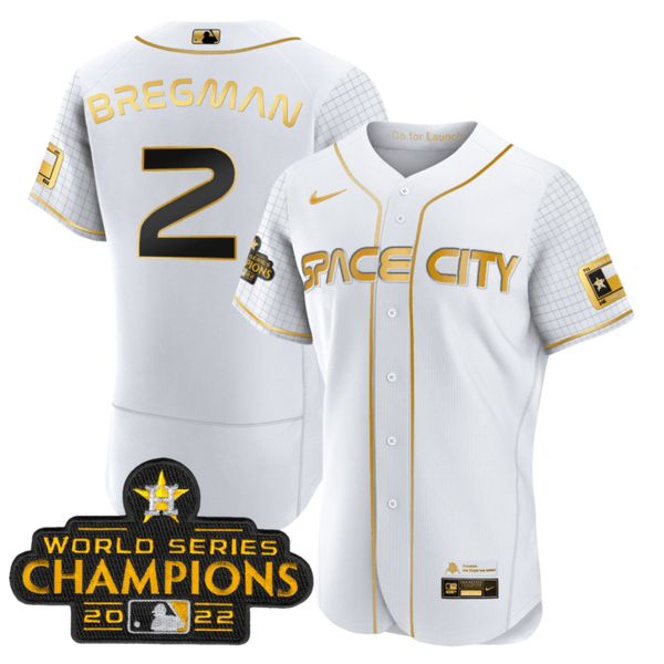 Men's Houston Astros #2 Alex Bregman 2023 Space City Champions Flex Base White Gold Jersey