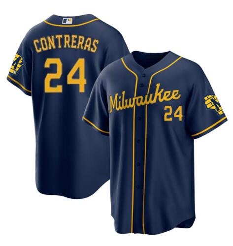 Men's Milwaukee Brewers #24 William Contreras Navy Cool Base Stitched Baseball Jersey