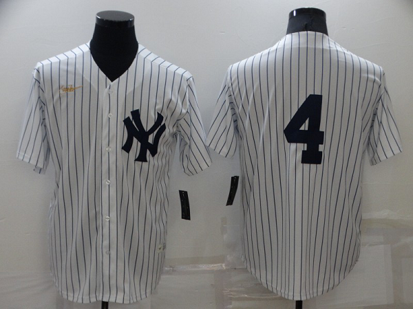 Men's Nike New York Yankees #4 Lou Gehrig White Strip Throwback Cool Base MLB Stitched Jersey