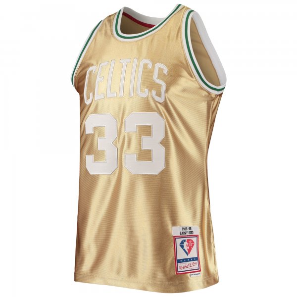 Men's Boston Celtics Larry Bird Gold Mitchell & Ness 75th Anniversary 1985/86 Hardwood Classics Swingman Jersey