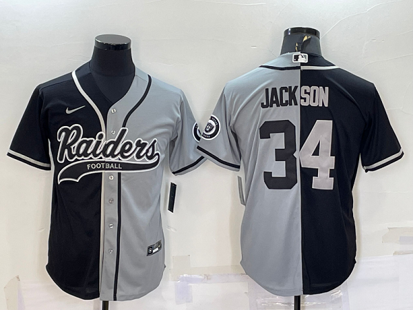 Men's Las Vegas Raiders #34 Bo Jackson Black Grey Split Stitched Baseball Cool Base Jersey